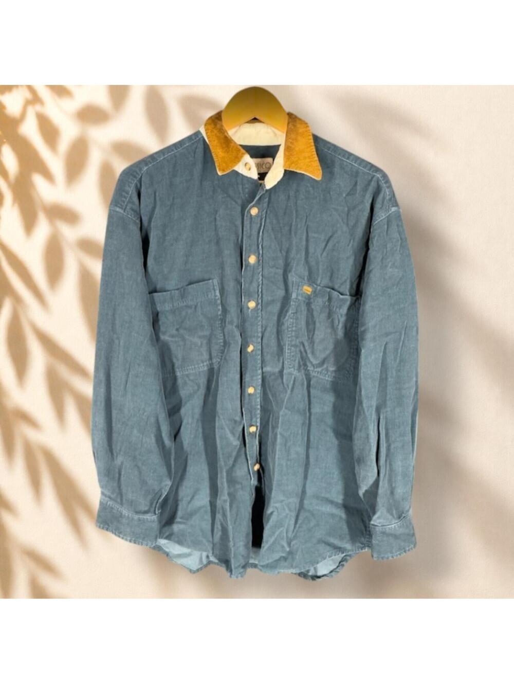 Villa Shirt Men XL Blue Button Up Collared Long Sleeve Pockets Corduroy Classico
